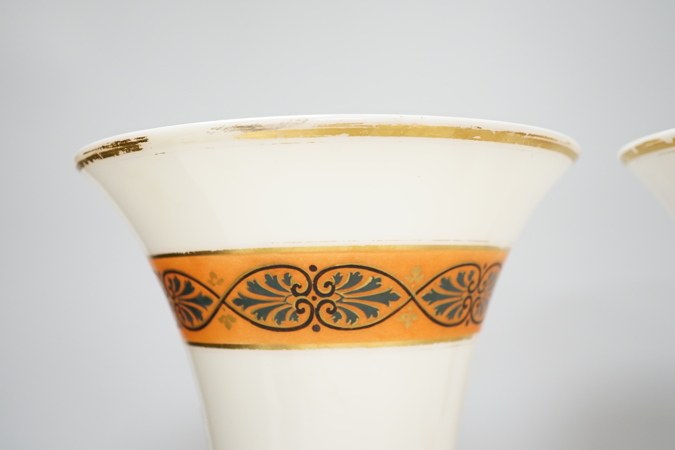 A pair of 19th century Stourbridge glass vases, Etruscan design, 30cm. Condition - fair, some wear to gilding
